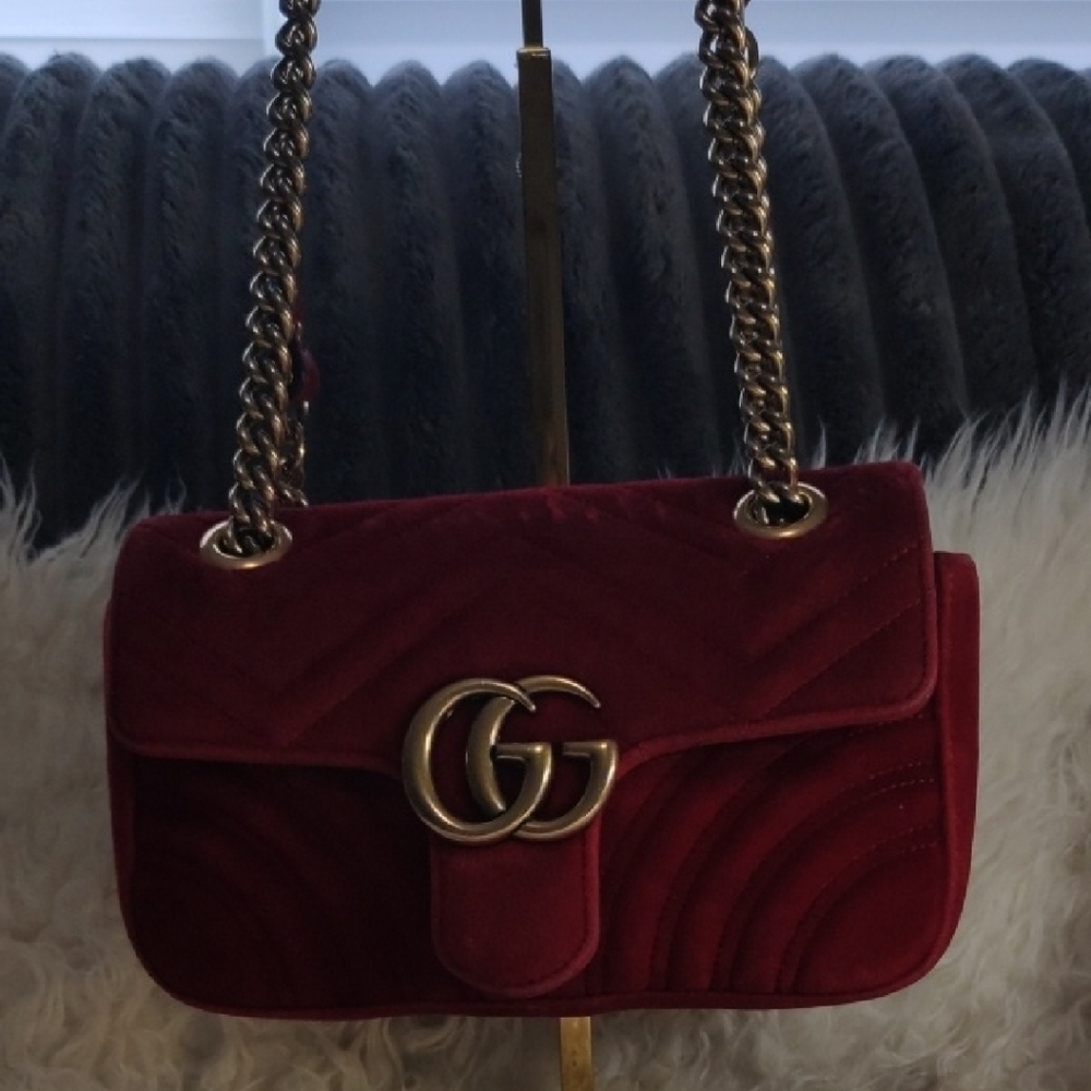 Gucci Red Velvet Bag with Gold Chain